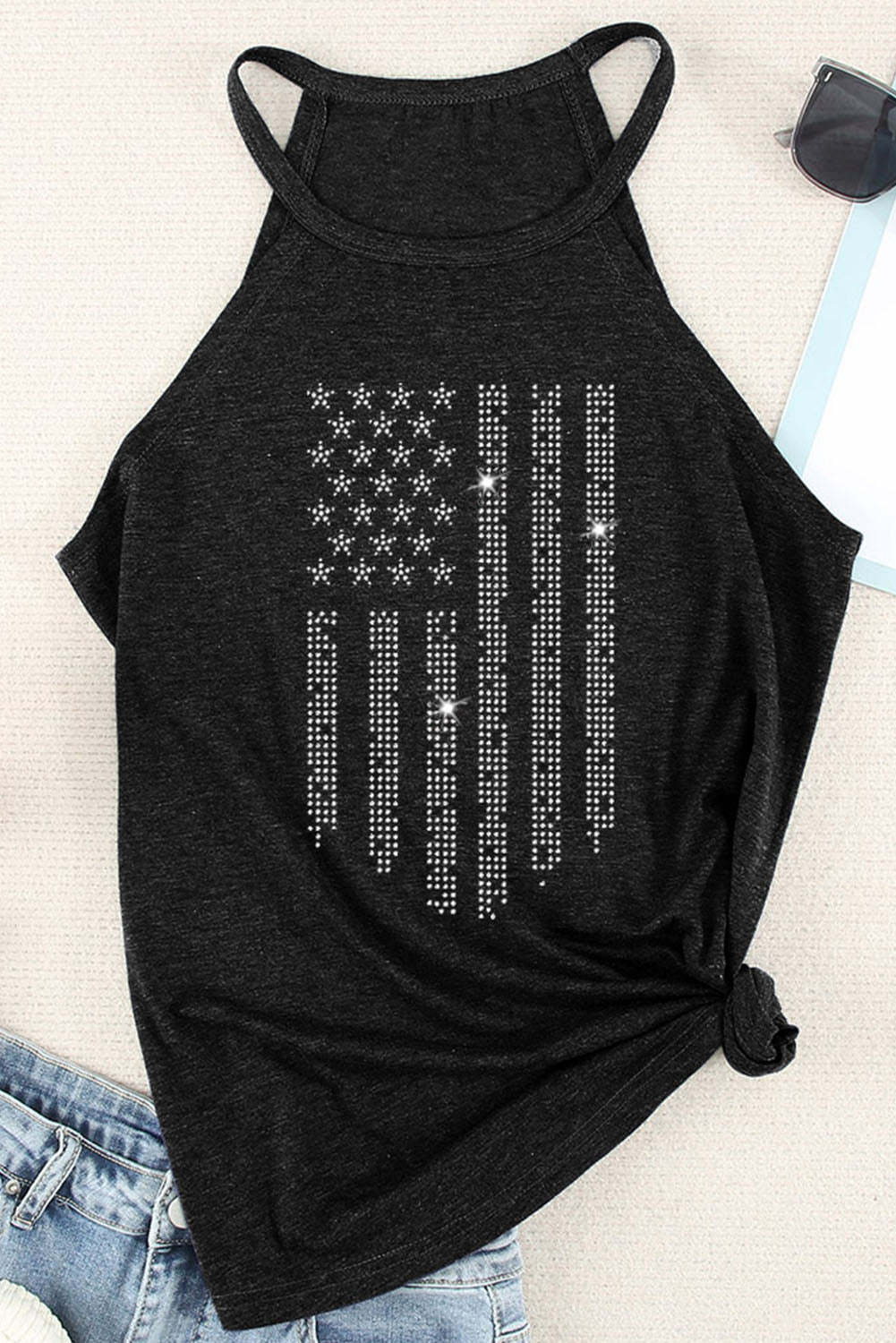 Shiny American Flag Printed O Neck Graphic Tank Top