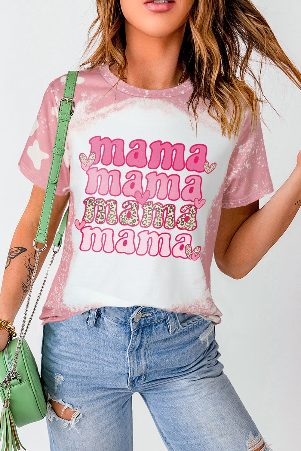 mama Leopard Heart Bleached Graphic T Shirt