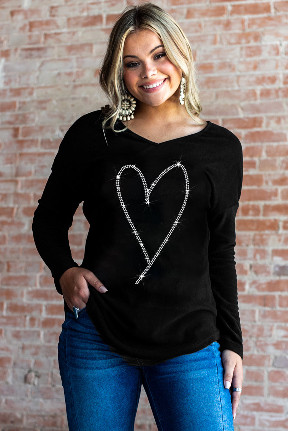 Rhinestone Heart Shaped V Neck Long Sleeve Top