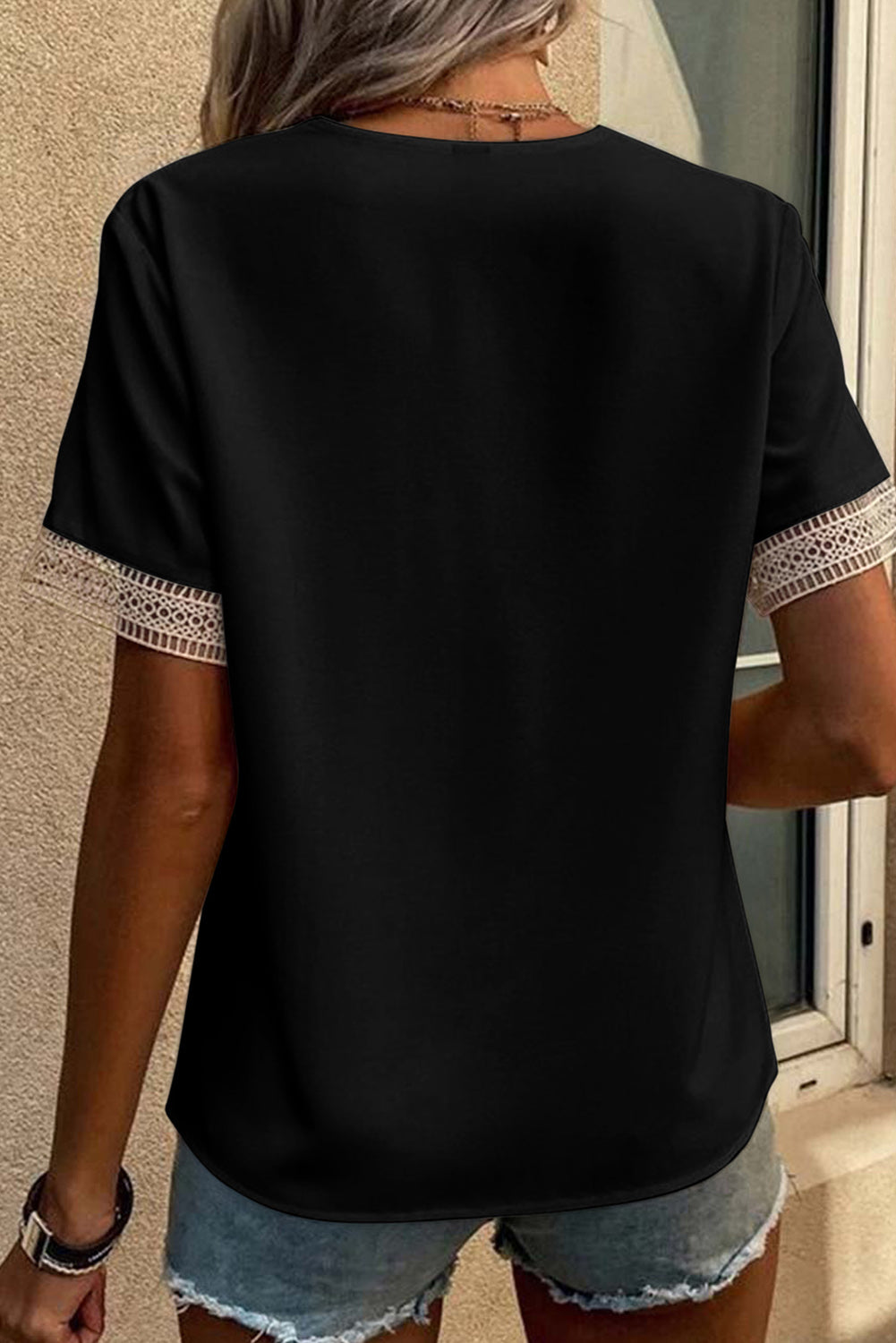 Lace Trim V Neck Short Sleeve Blouse