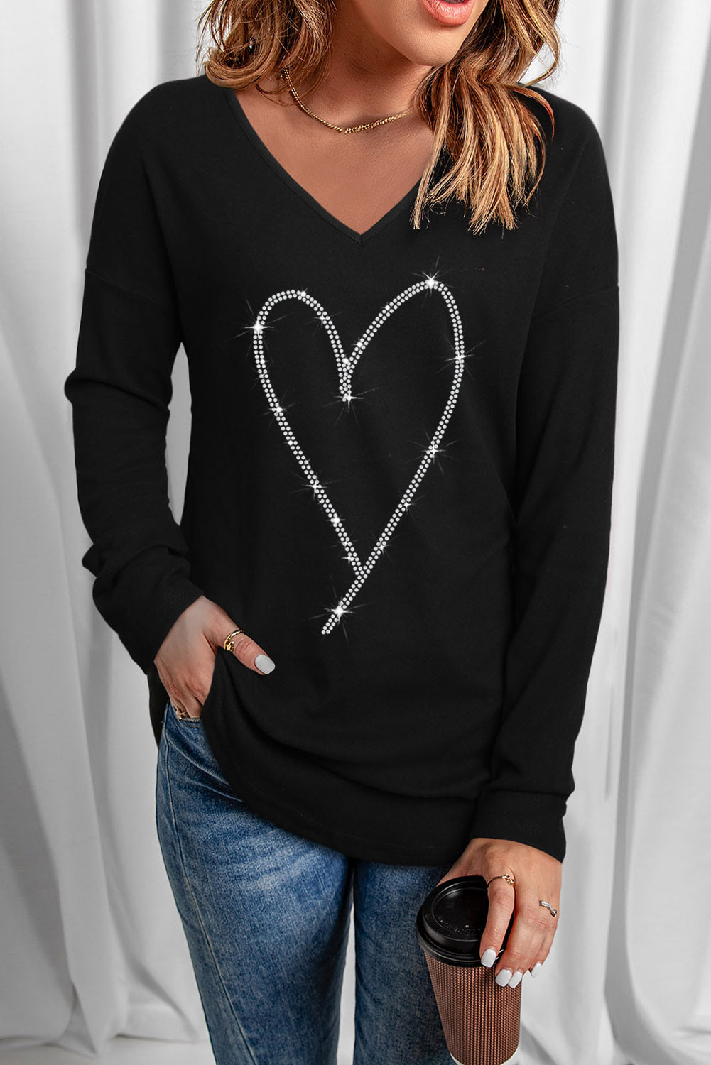 Rhinestone Heart Shaped V Neck Long Sleeve Top