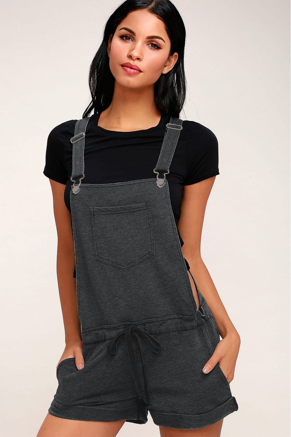 Vintage Washed Drawstring Short Overalls
