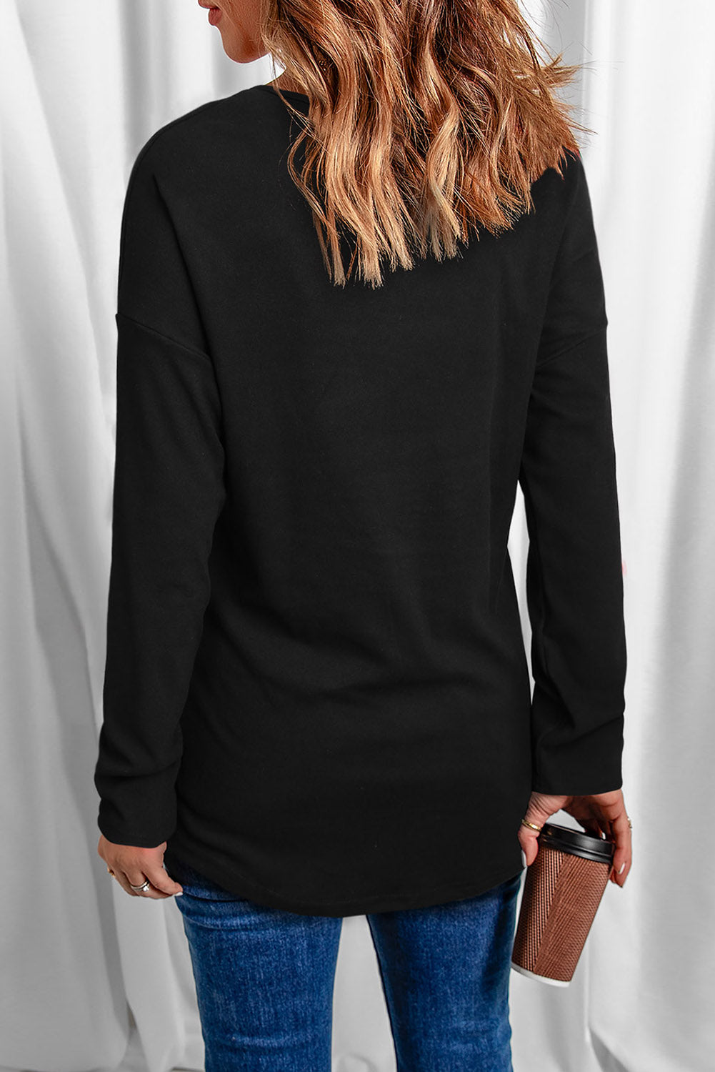 Rhinestone Heart Shaped V Neck Long Sleeve Top