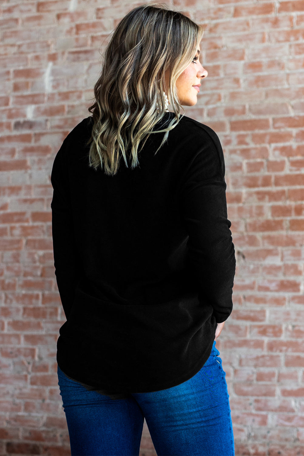 Rhinestone Heart Shaped V Neck Long Sleeve Top