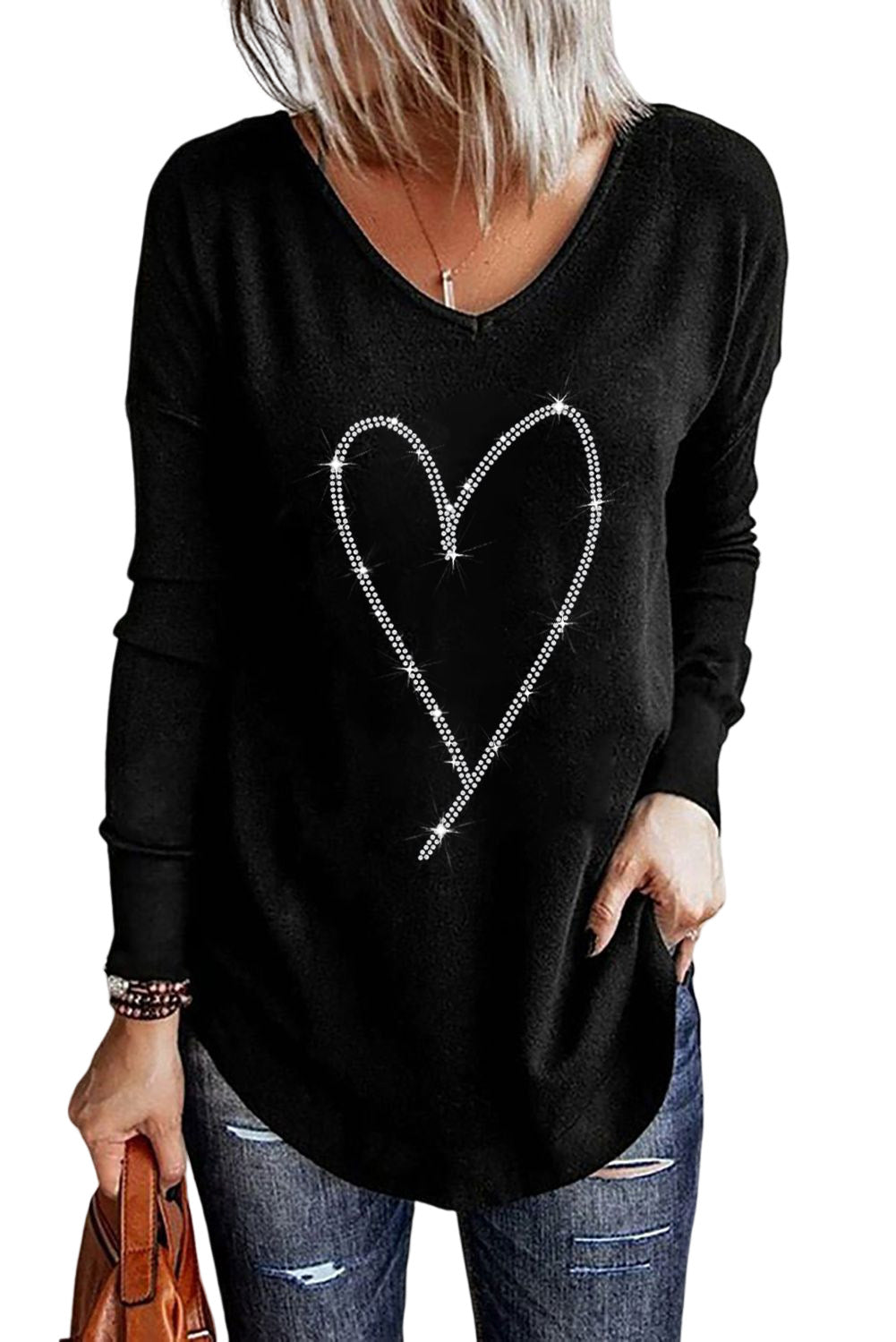 Rhinestone Heart Shaped V Neck Long Sleeve Top