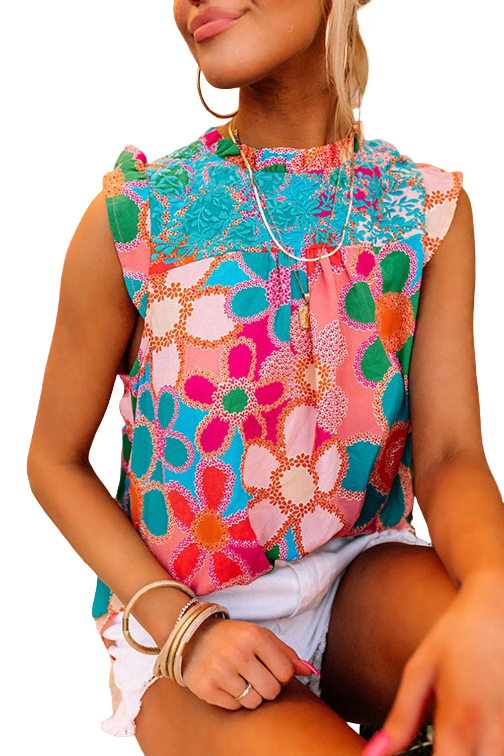 Embroidered Detail Floral Print Ruffle Trim Tank Top