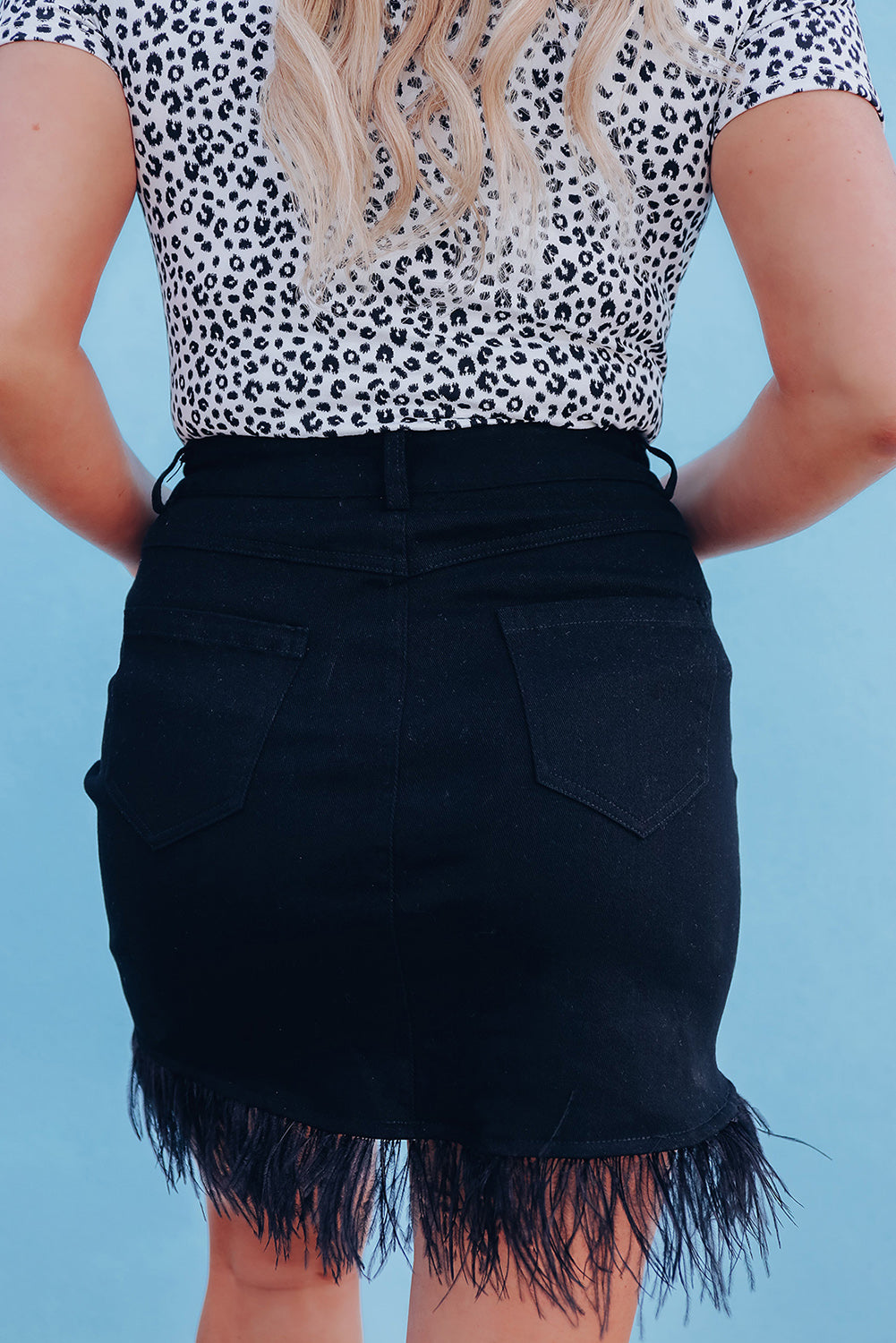 Feather Fringed Denim Skirt
