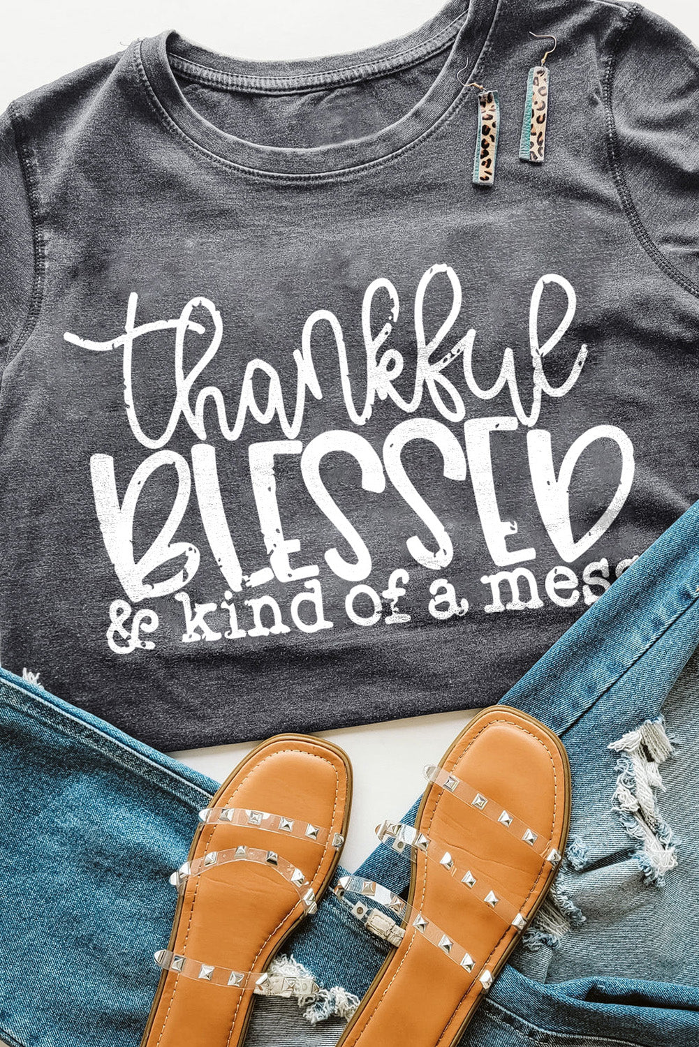 BLESSED Letter Graphic Print Crew Neck T Shirt