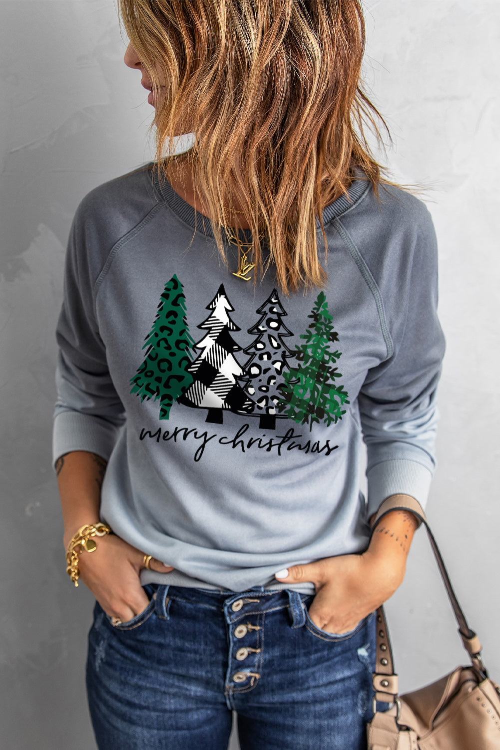 Merry Christmas Tree Gradient Color Print Graphic Sweatshirt