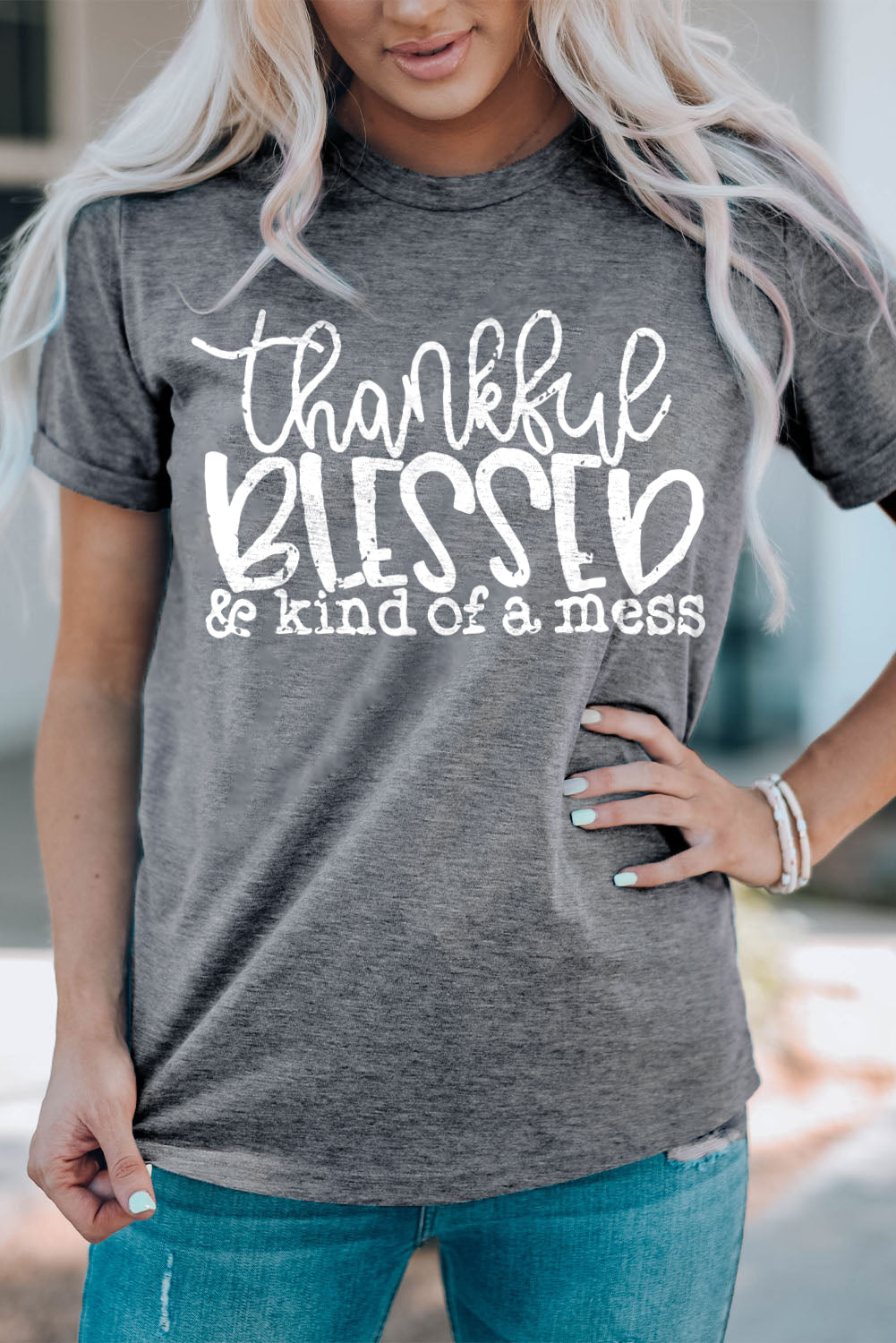 BLESSED Letter Graphic Print Crew Neck T Shirt