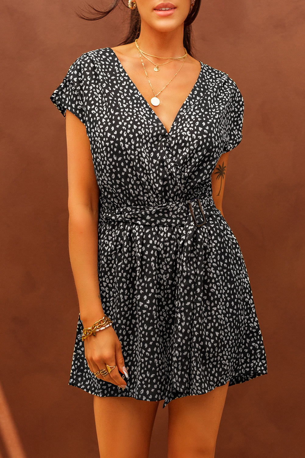 Leopard Print Belted V Neck Short Sleeve Romper