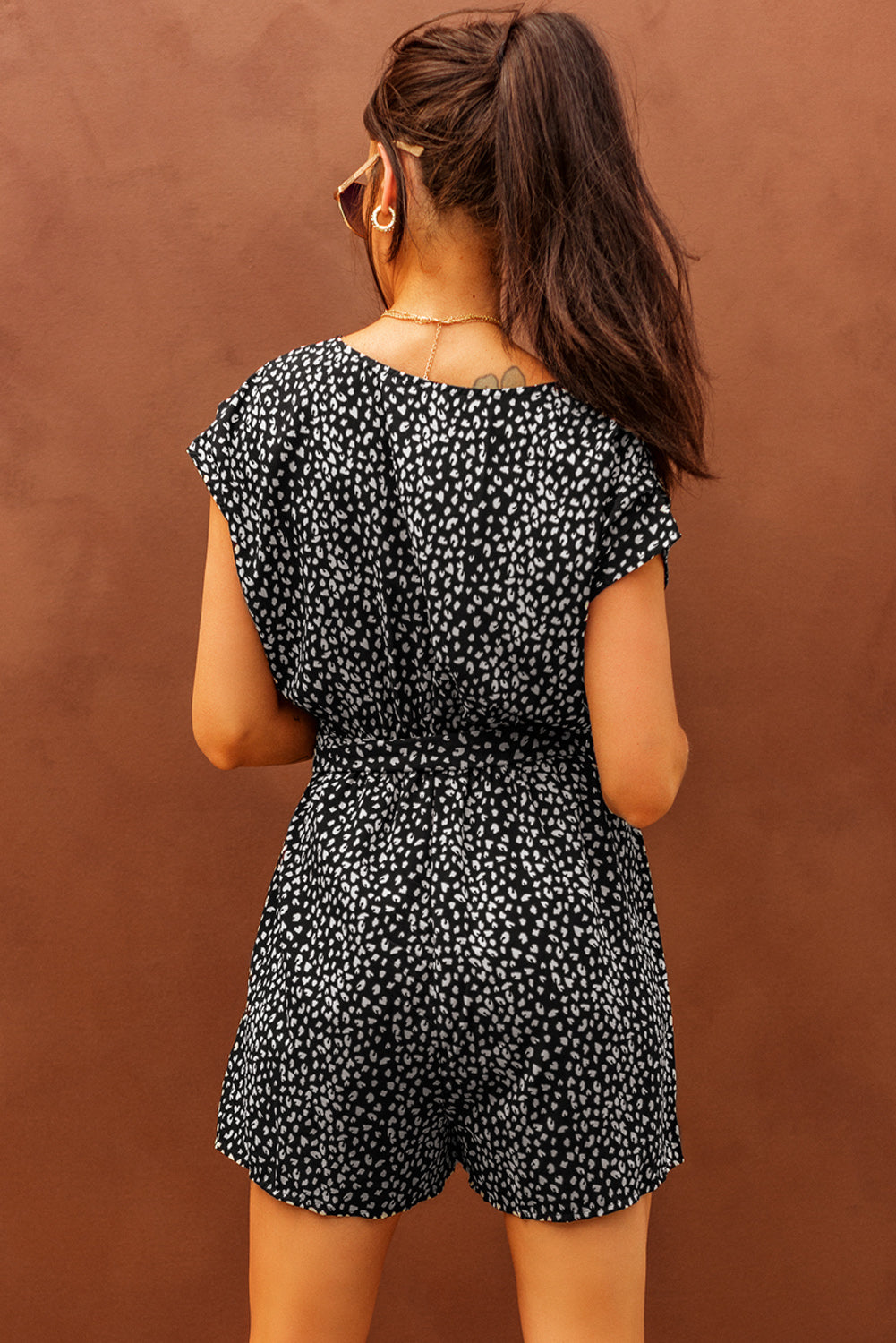 Leopard Print Belted V Neck Short Sleeve Romper