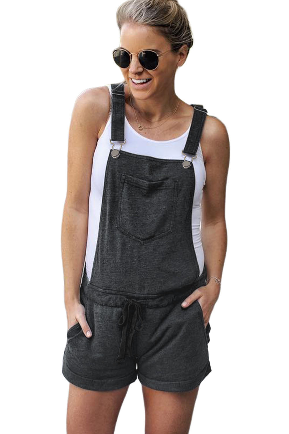 Vintage Washed Drawstring Short Overalls