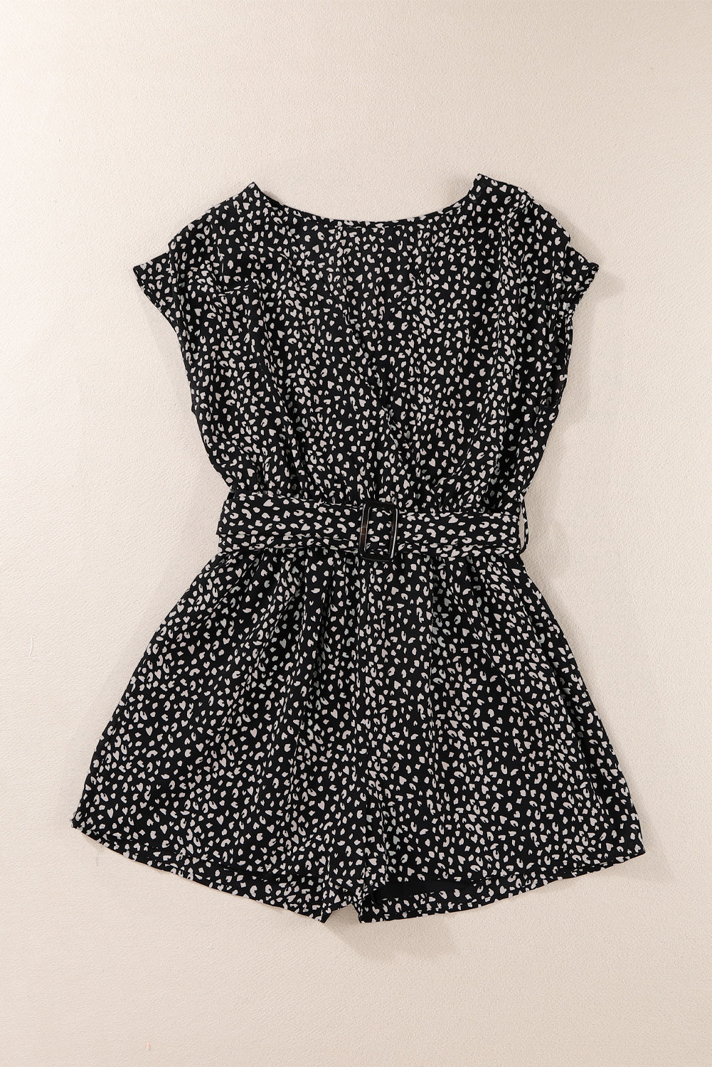 Leopard Print Belted V Neck Short Sleeve Romper