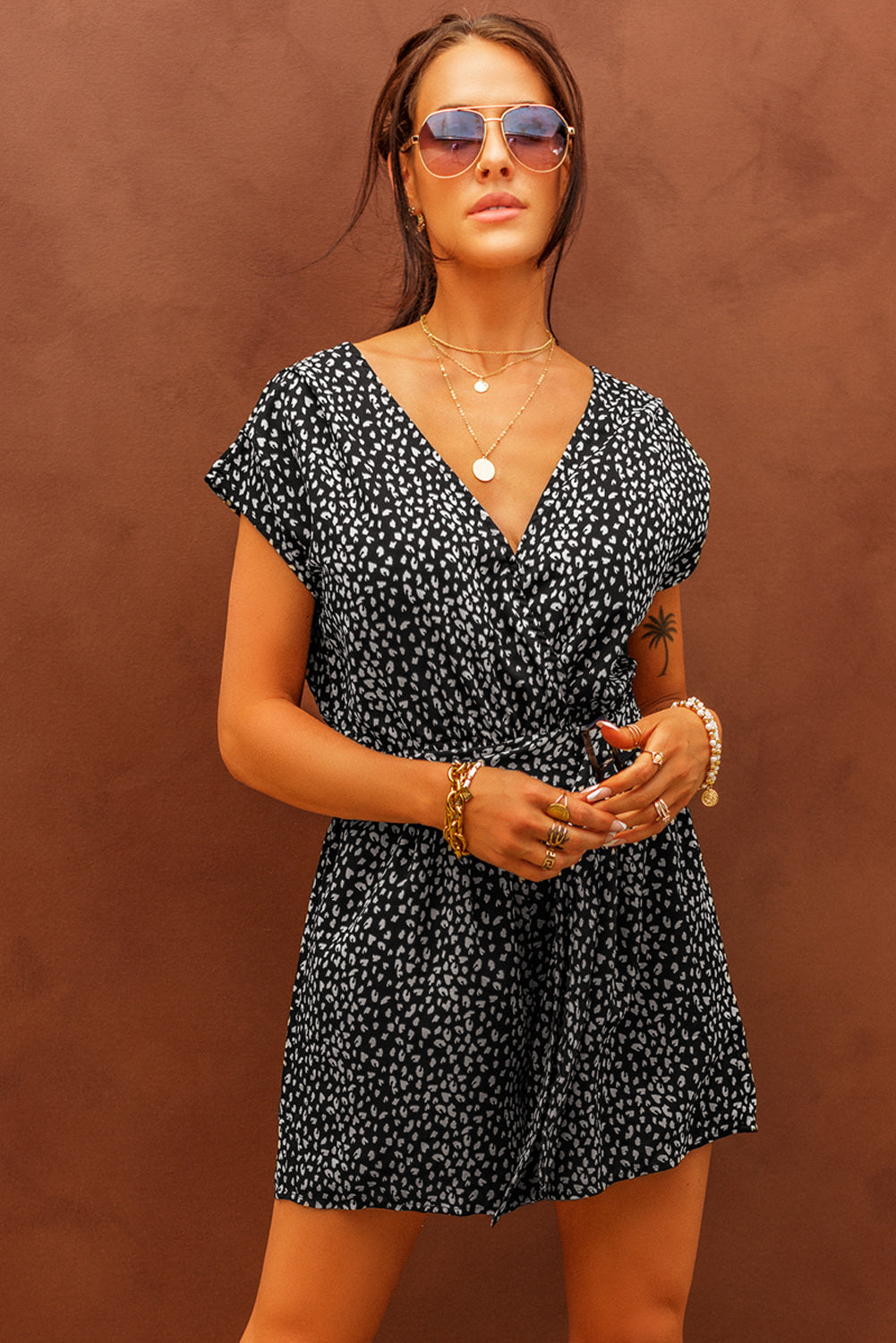 Leopard Print Belted V Neck Short Sleeve Romper