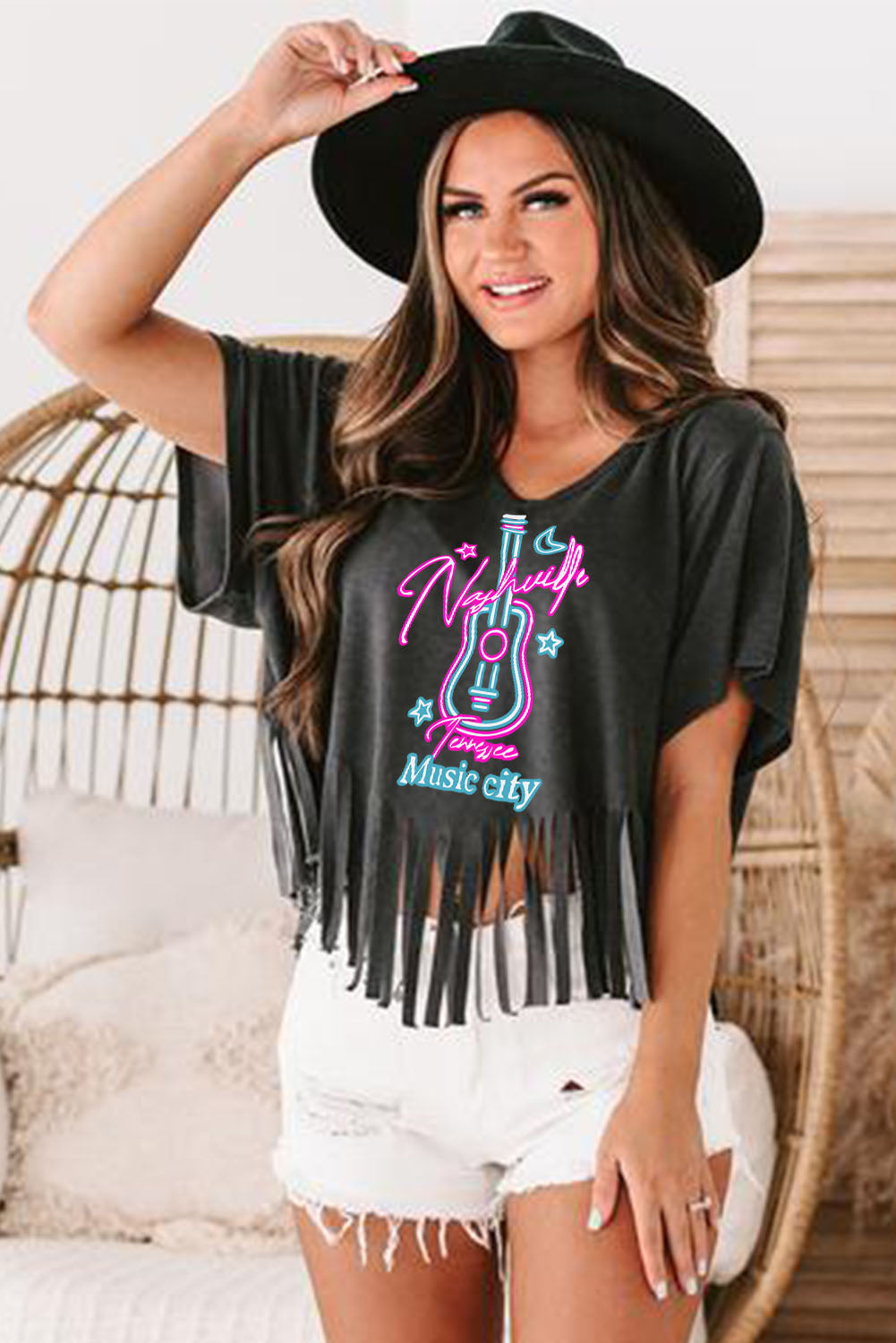Nashville Guitar Slogan Print Fringed V Neck Graphic Tee